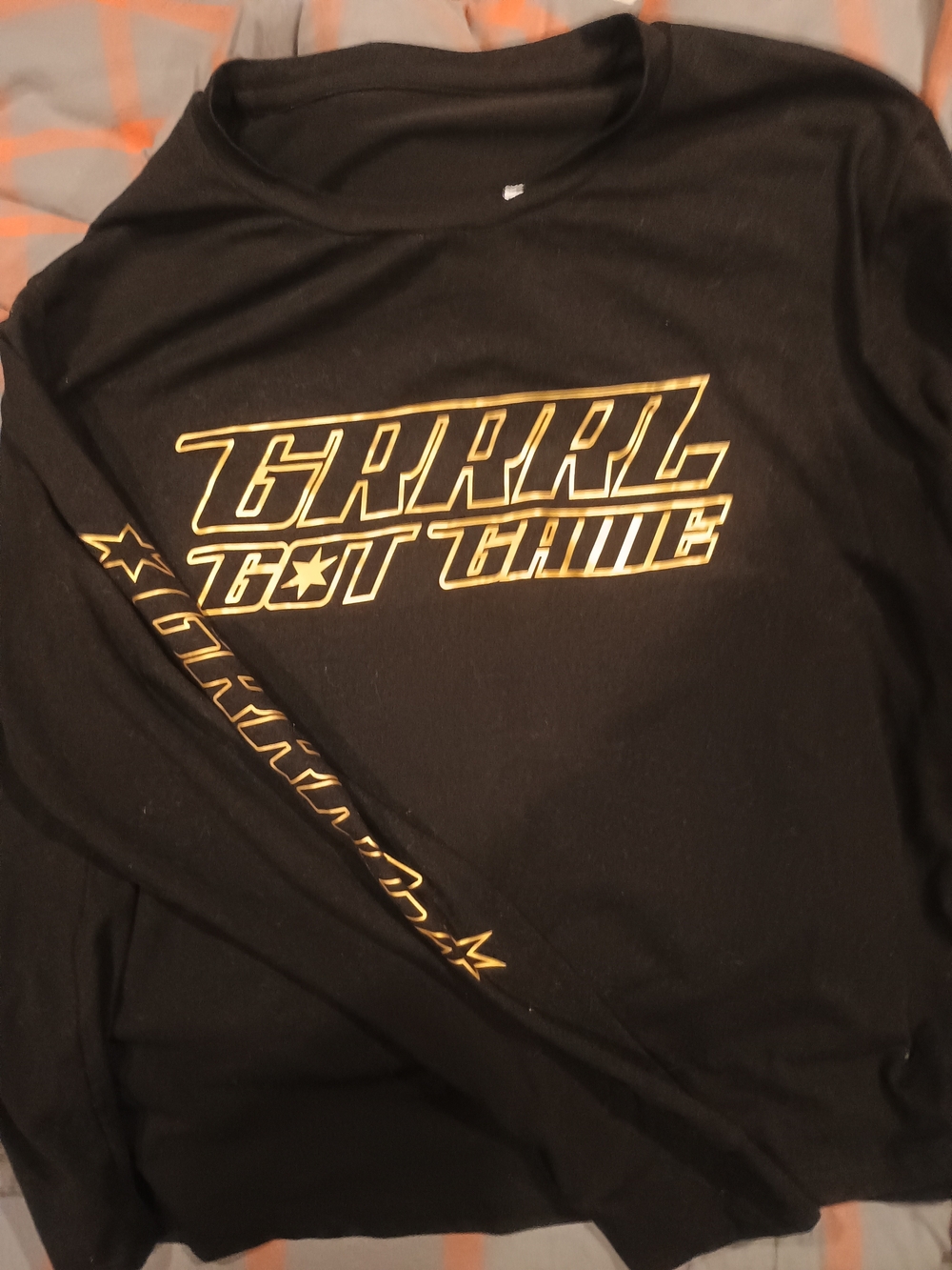 GRRRL size Heidi Black Long Sleeve Graphic Tee with Gold 'GRRRL GOT GAME' Print